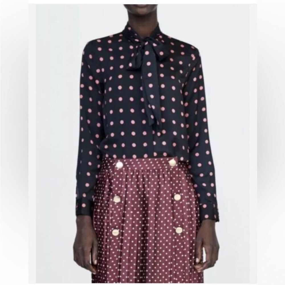 ZARA | Black with Pink Polka Dot Button Down Blouse Tie Neck Women’s Size Small